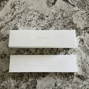 Apple Watch Series 8 silver stainless steel case & white sport band boxes